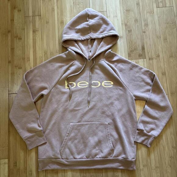 Bebe Tops - BEBE Women’s Pink Metallic Logo Raglan Sleeve Fleece Hoodie Sweatshirt Size L